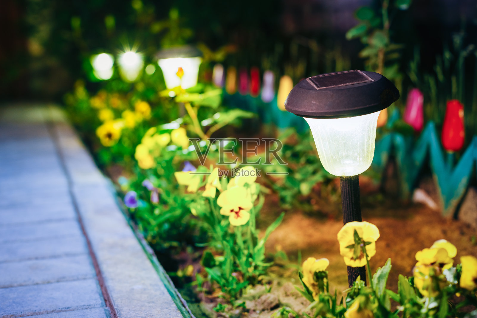 太阳能花园灯，花坛灯笼。花园太阳能灯照片摄影图片