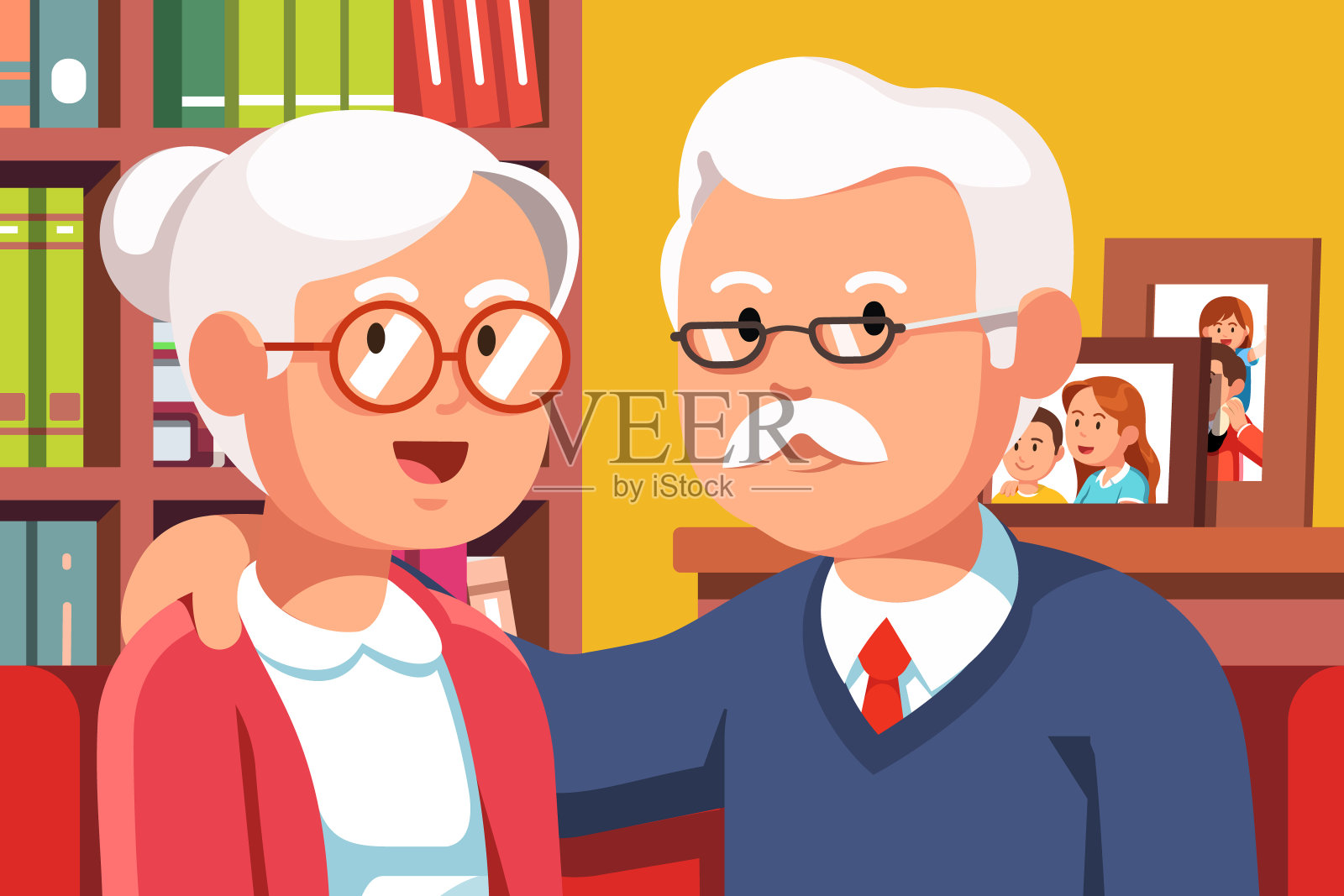 祖父和祖母的家庭夫妇肖像。头发花白的老年人在室内。平风格向量插画图片素材