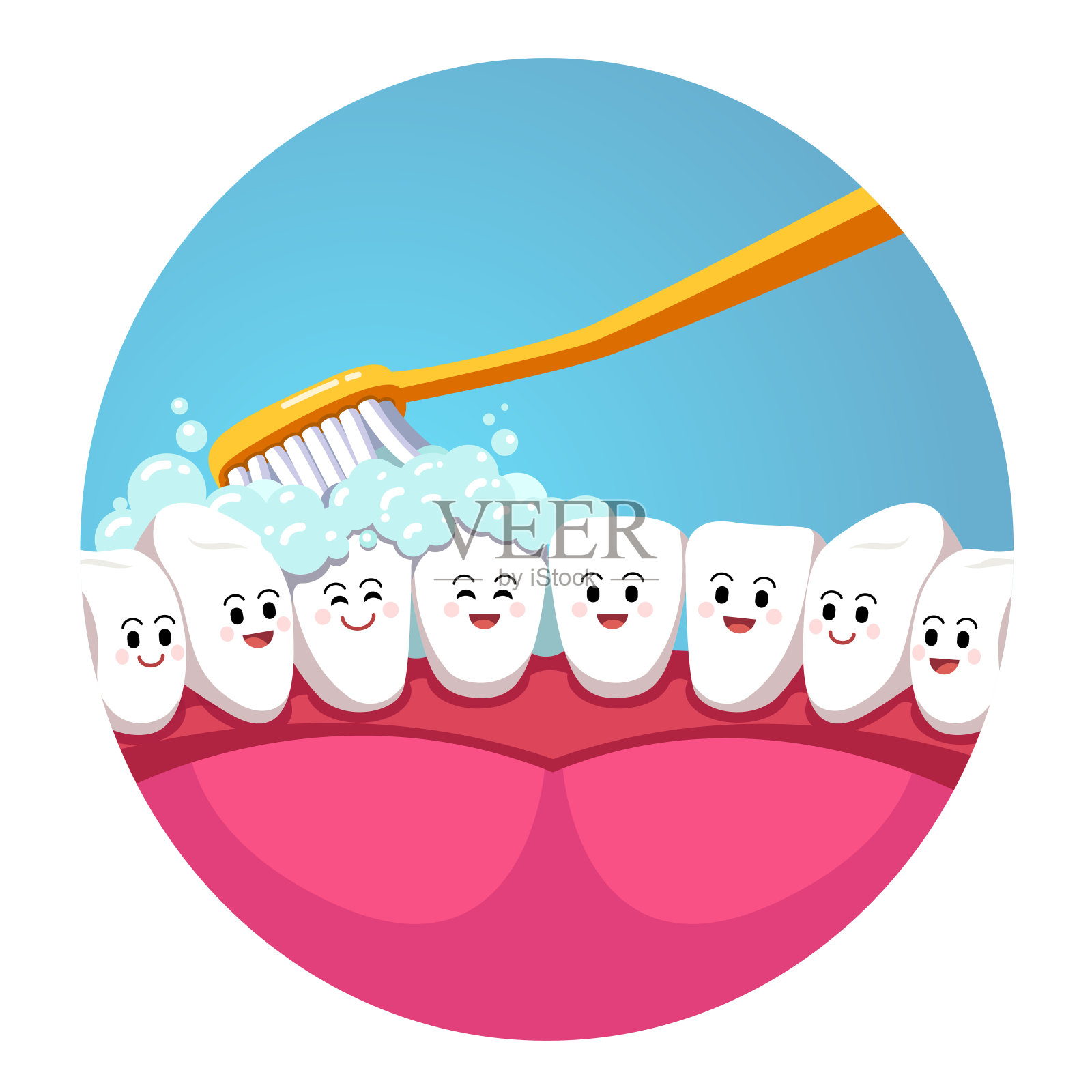 健康牙齿卫生理念。牙刷刷嘴内字微笑的牙齿。平的孤立的向量插画图片素材