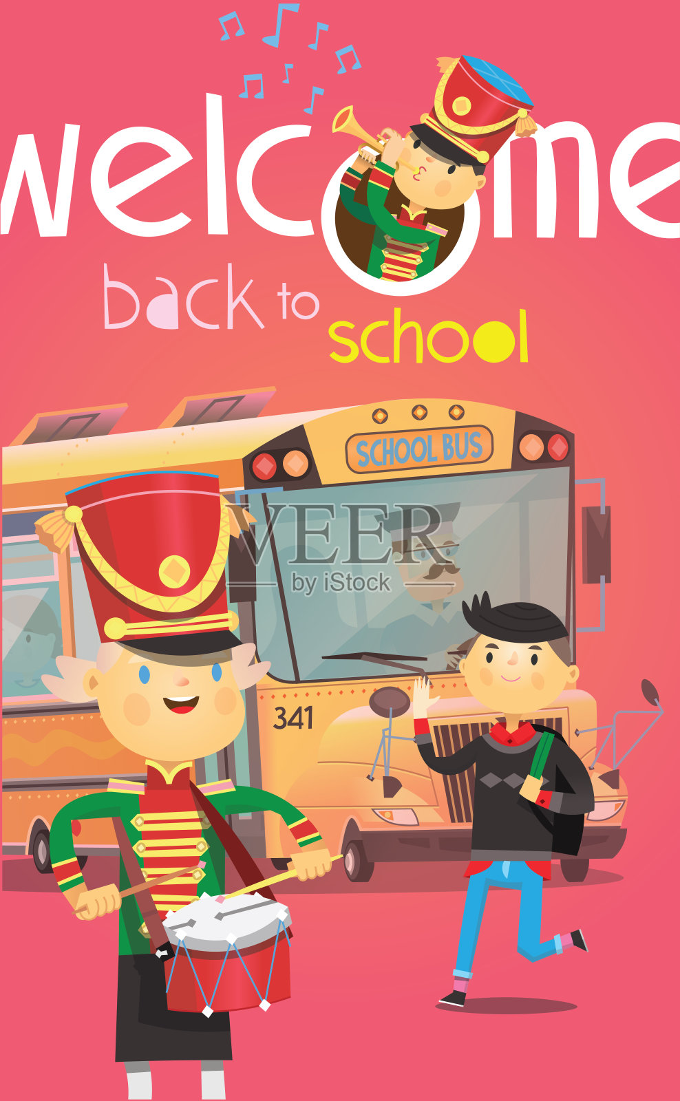 欢迎回到学校的海报，有校车和孩子们在年初互相问候插画图片素材