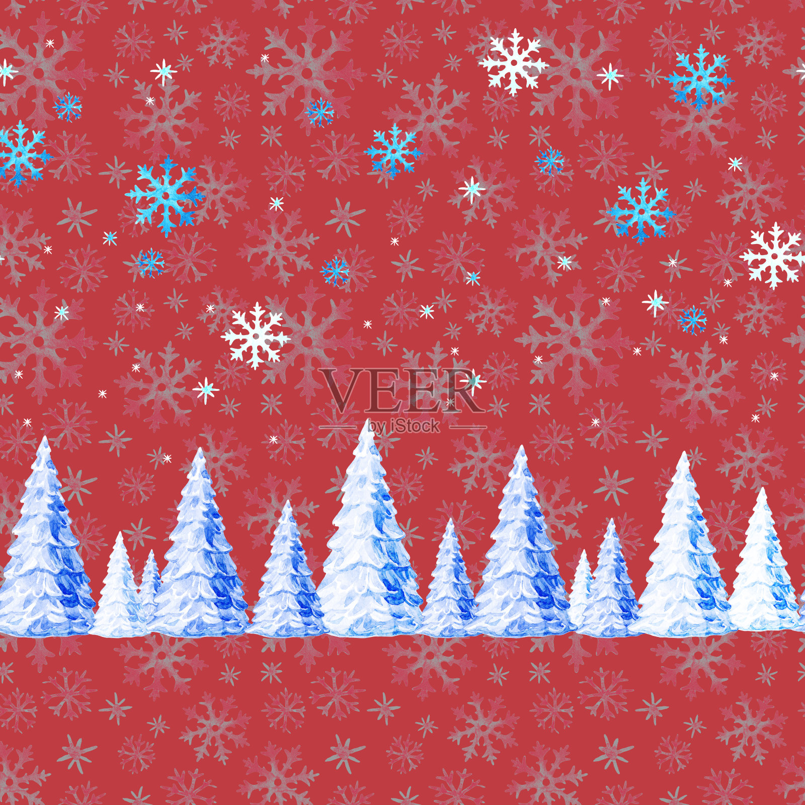 圣诞无缝图案的冬天白雪覆盖的圣诞树，水彩插画。插画图片素材