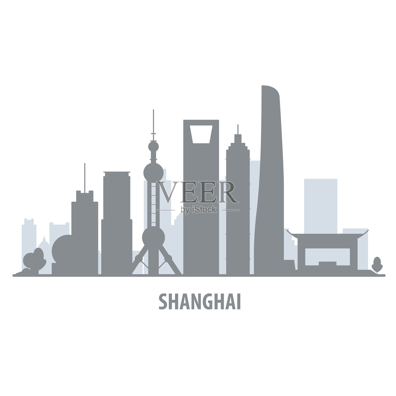上海城市天际线-城市景观剪影与地标插画图片素材