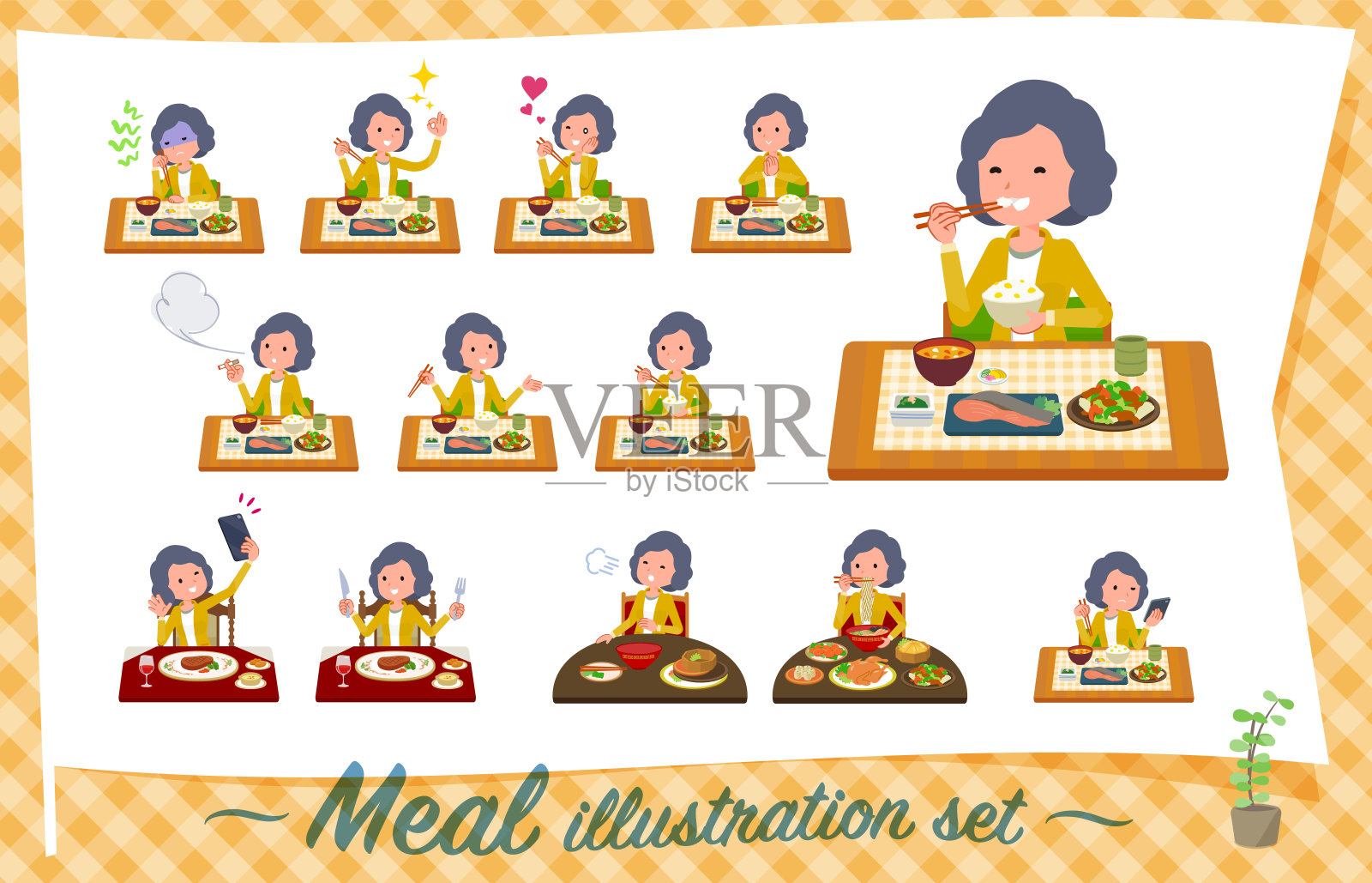 flat type黄色夹克Middle women_Meal插画图片素材