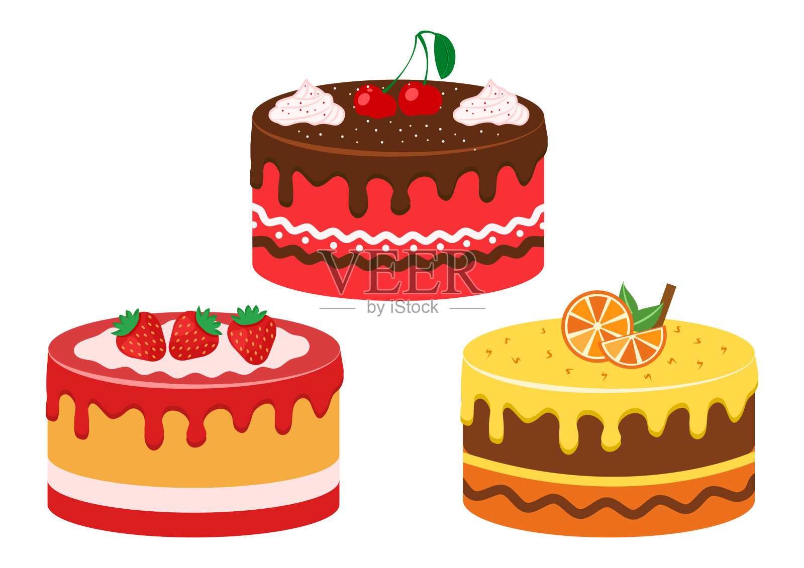 一套水果蛋糕。草莓、樱桃和柑橘。矢量图设计元素图片
