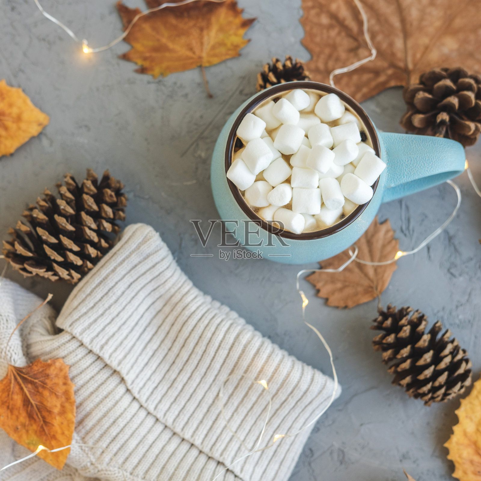 蓝色杯子，咖啡，热巧克力或可可，在灰色的混凝土背景下放上棉花糖，躺着干树叶，圆锥形，毛衣，花环。秋冬温暖舒适的概念。照片摄影图片