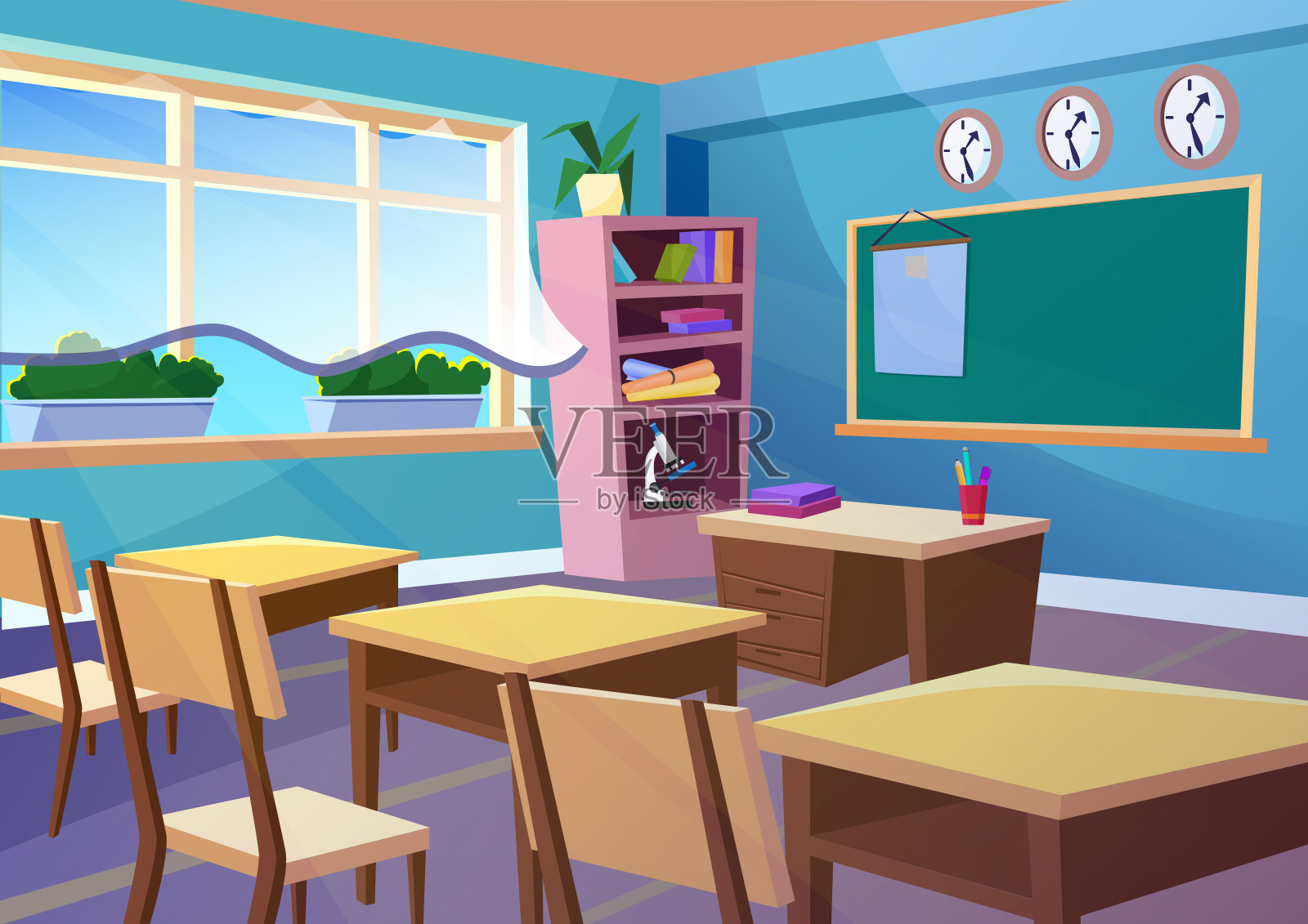 现代梯度平面矢量插图的卡通空学校教室内部。教育课堂学校概念背景。插画图片素材