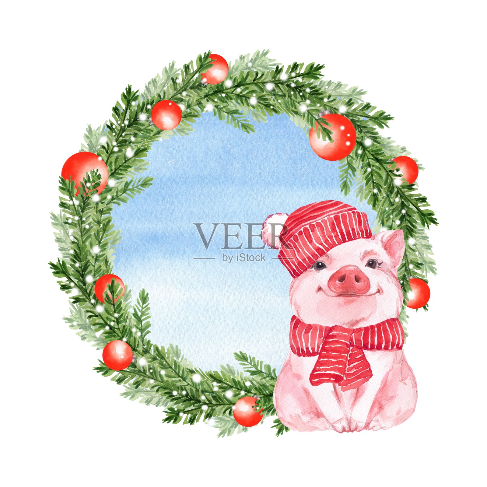 有趣的猪和圣诞花环。孤立在白色插画图片素材