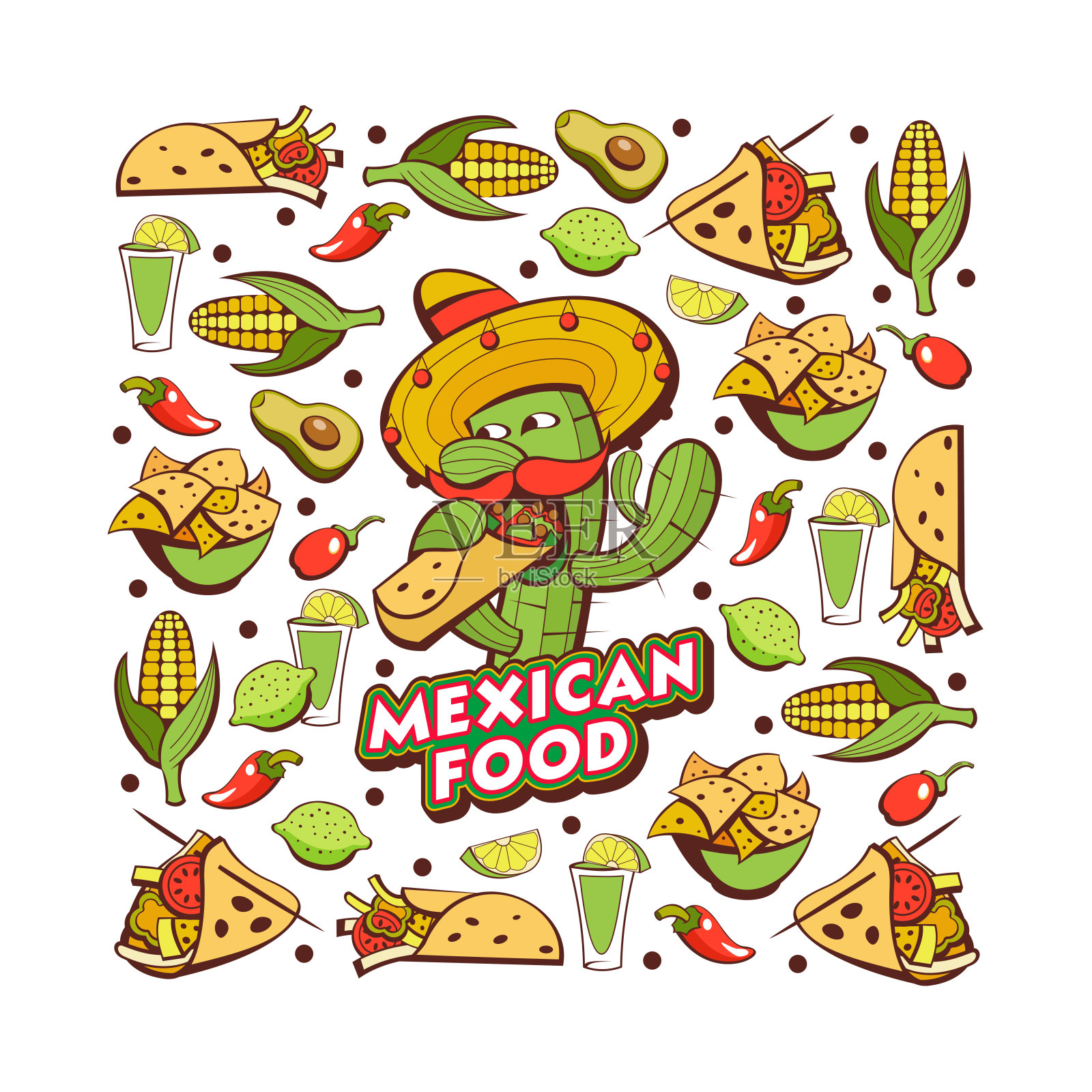 一套受欢迎的墨西哥快餐菜肴。矢量插图卡通风格。插画图片素材_ID:322792070-Veer图库
