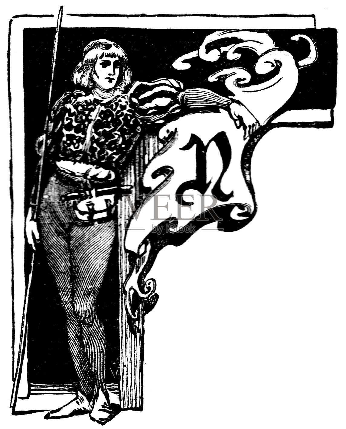 维多利亚时代的黑色和白色去掉了大写字母N，装饰着一个穿紧身衣的小男孩;男孩自己的报纸1892年插画图片素材