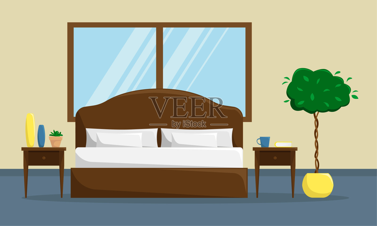 经典的卧室内饰有床和床头柜。插画图片素材