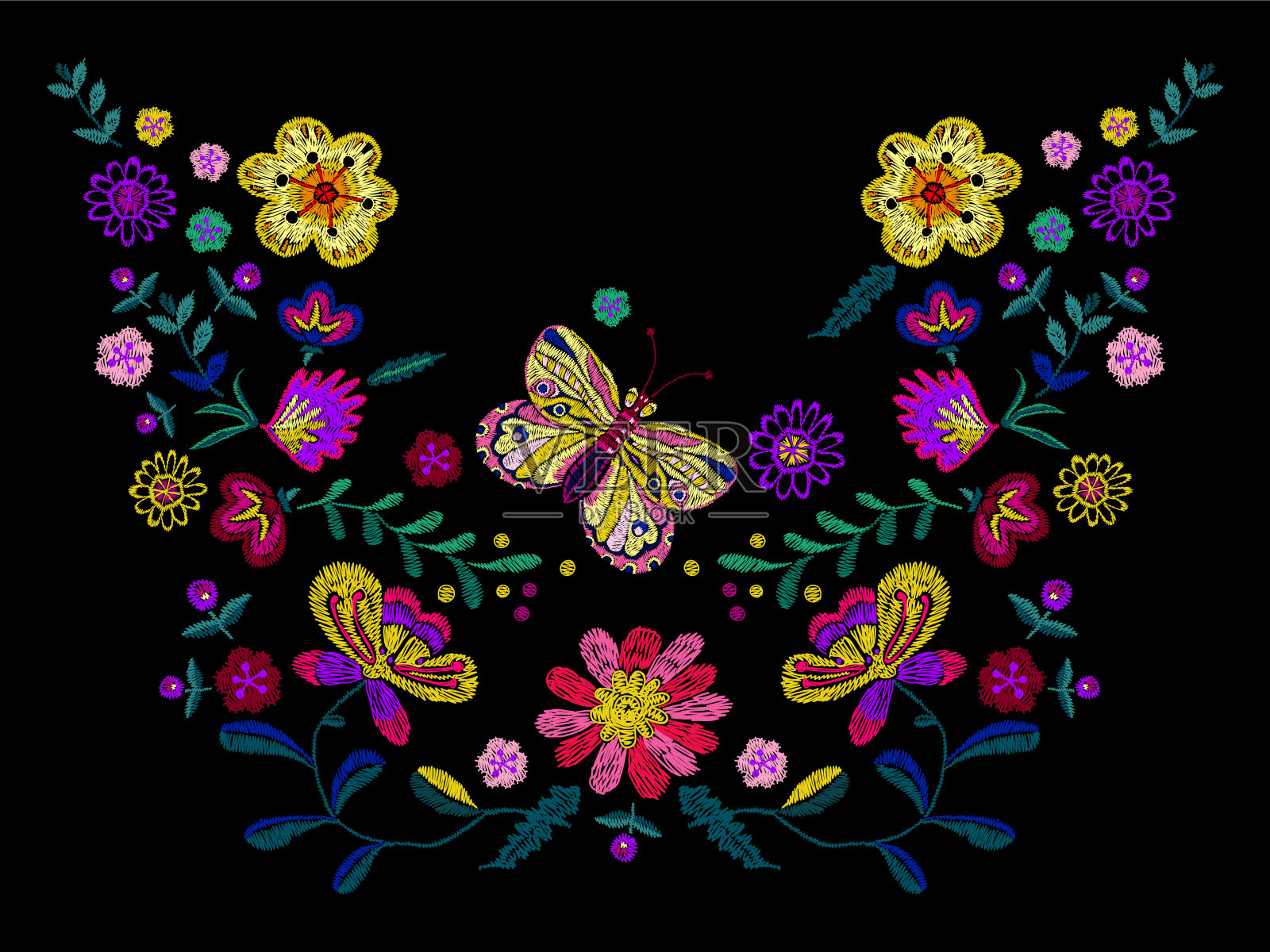 刺绣民族领口图案与简化的花朵和蝴蝶。插画图片素材