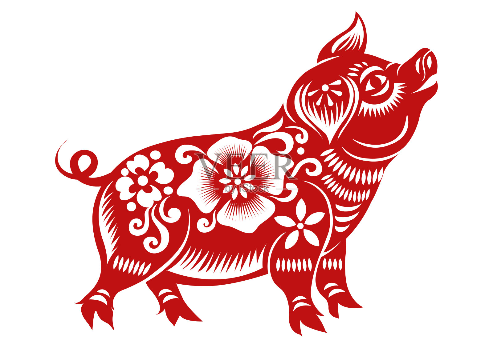 十二生肖猪年，红剪纸猪，新年快乐2019年猪年插画图片素材