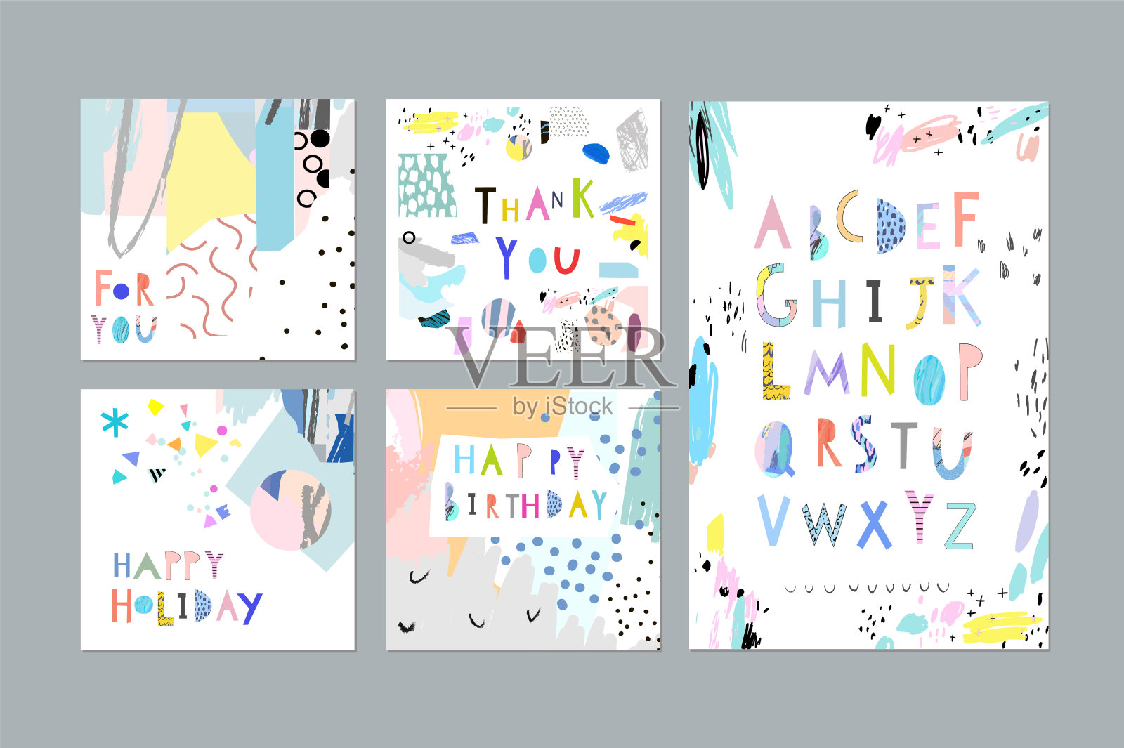 谢谢你，生日快乐，节日快乐卡片和海报加上手绘艺术字母插画图片素材