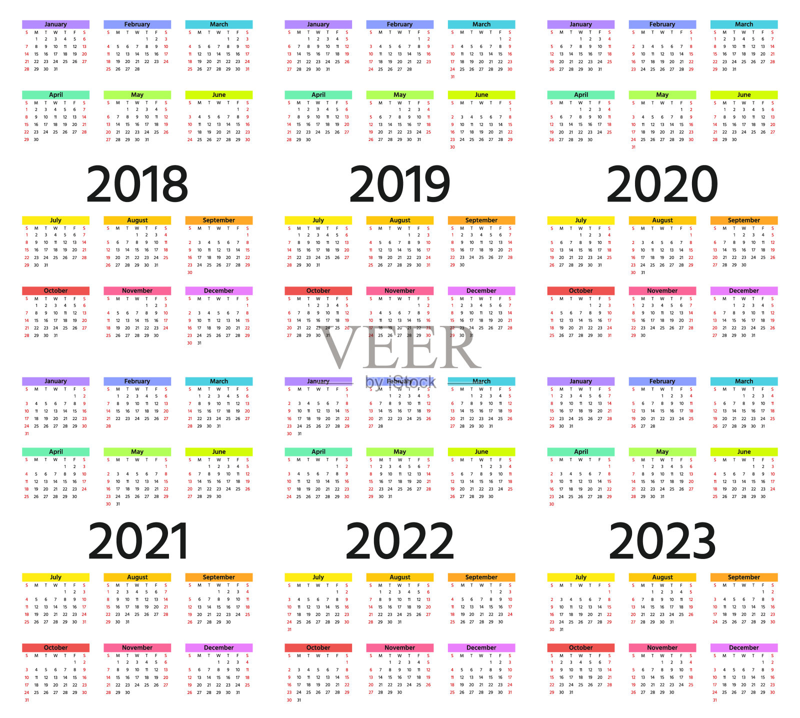 2018年、2019年、2020年日历。矢量插图。模板一年计划。设计模板素材