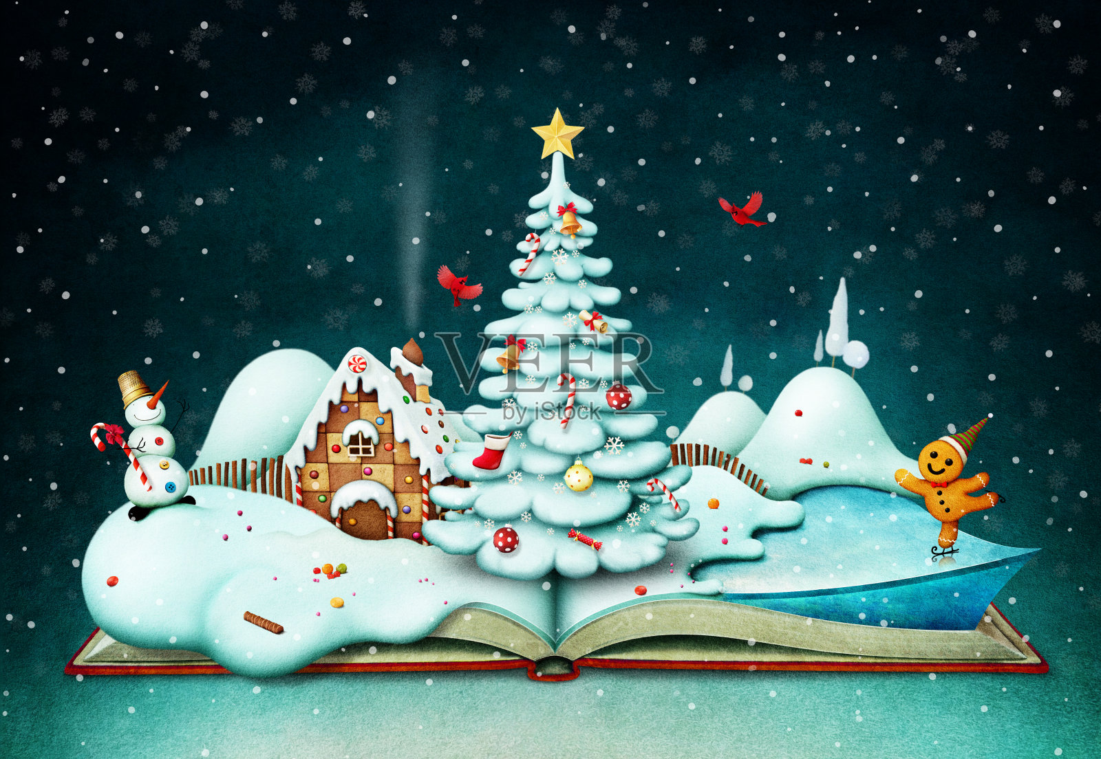 带圣诞场景的假日书插画图片素材