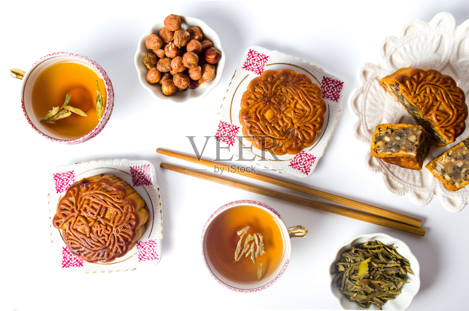 中国月饼与茶俯视图照片摄影图片