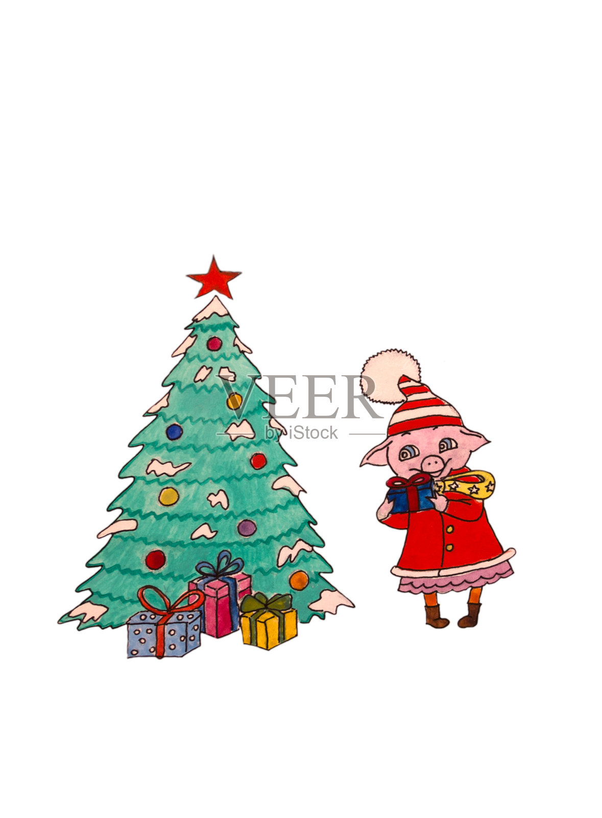水彩画的猪与圣诞树。插画图片素材