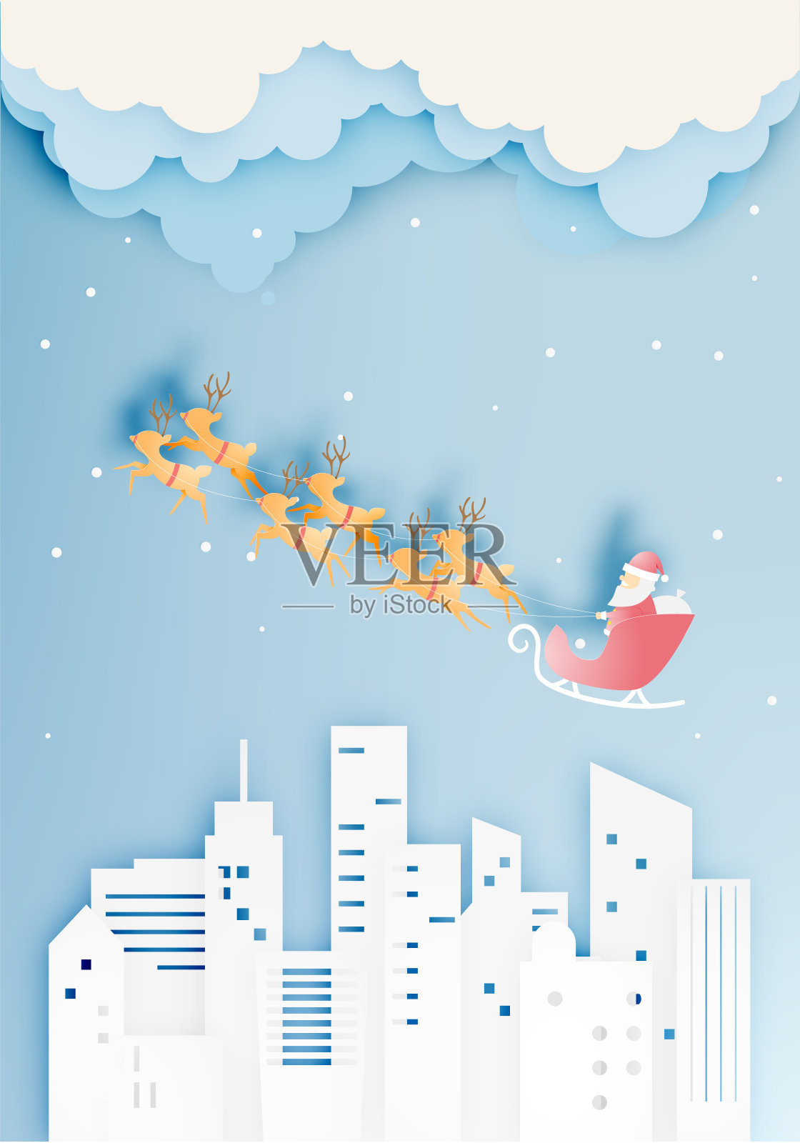 圣诞老人的雪橇与美丽的天空在纸艺术和蜡笔方案插画图片素材