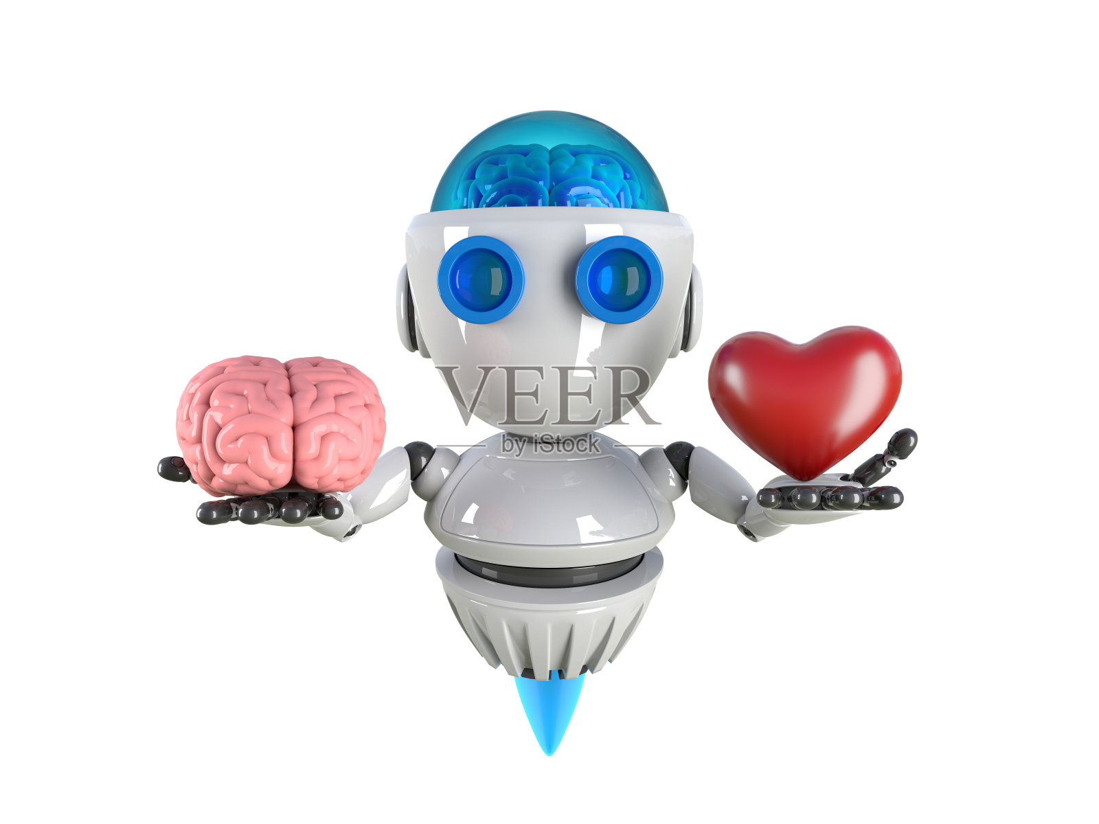 有大脑和红心的机器人双手孤立。照片摄影图片