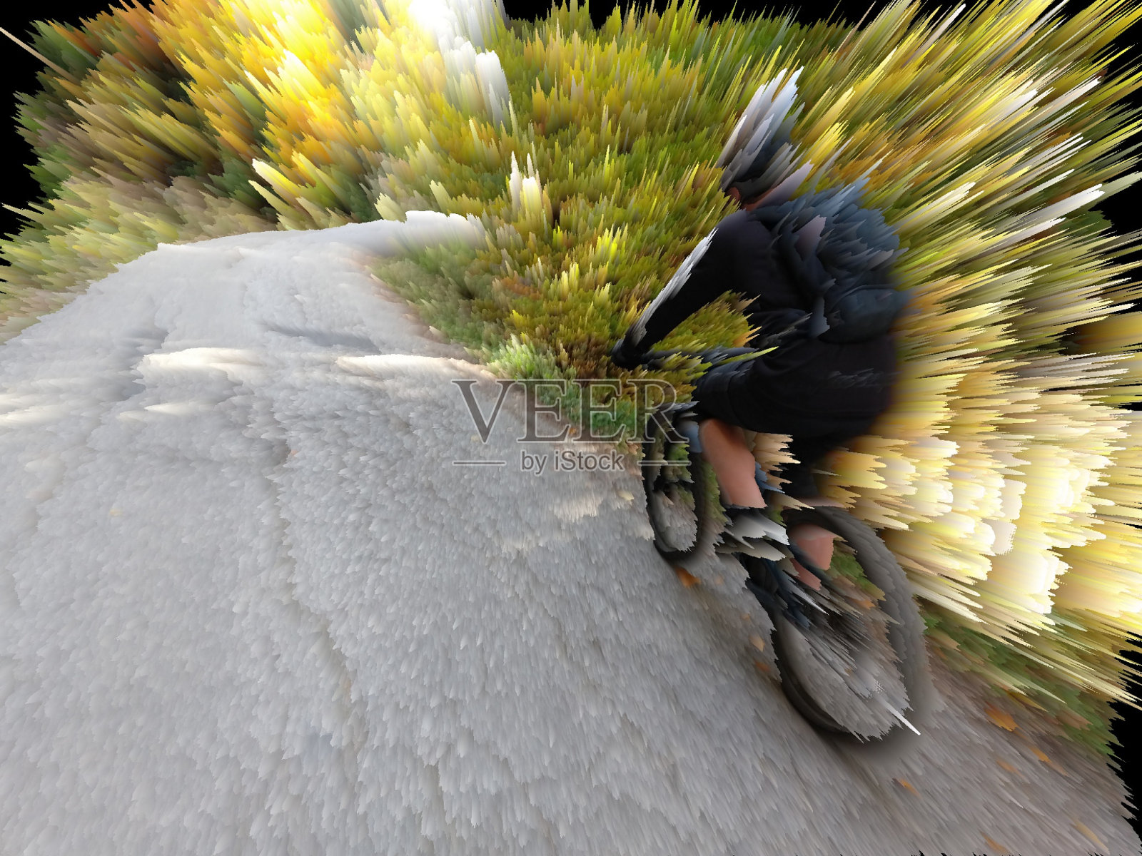 骑自行车的人在树林里。数字编辑。照片摄影图片