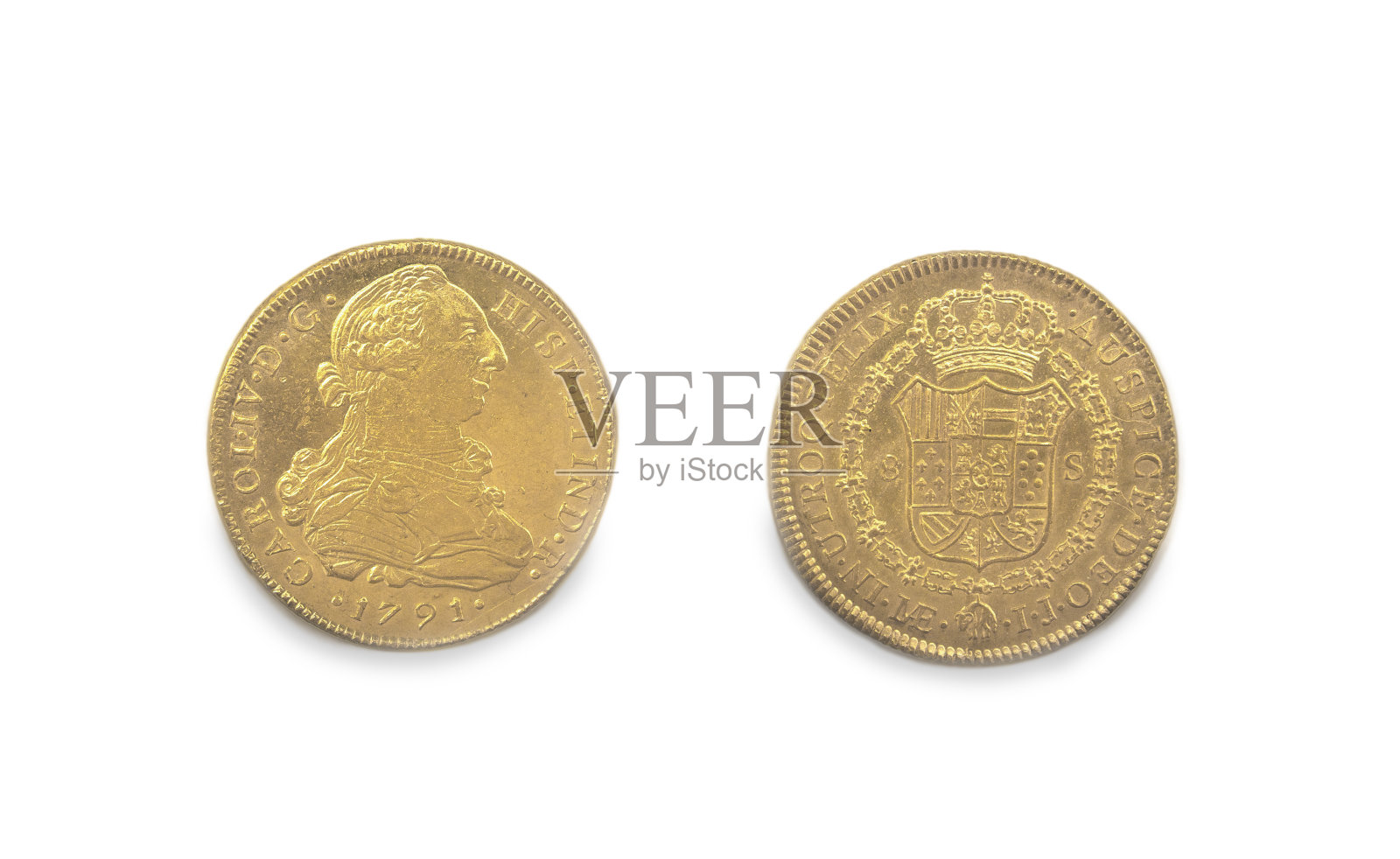 西班牙八块金币或查理三世埃斯库多金币，铸造于1791年照片摄影图片