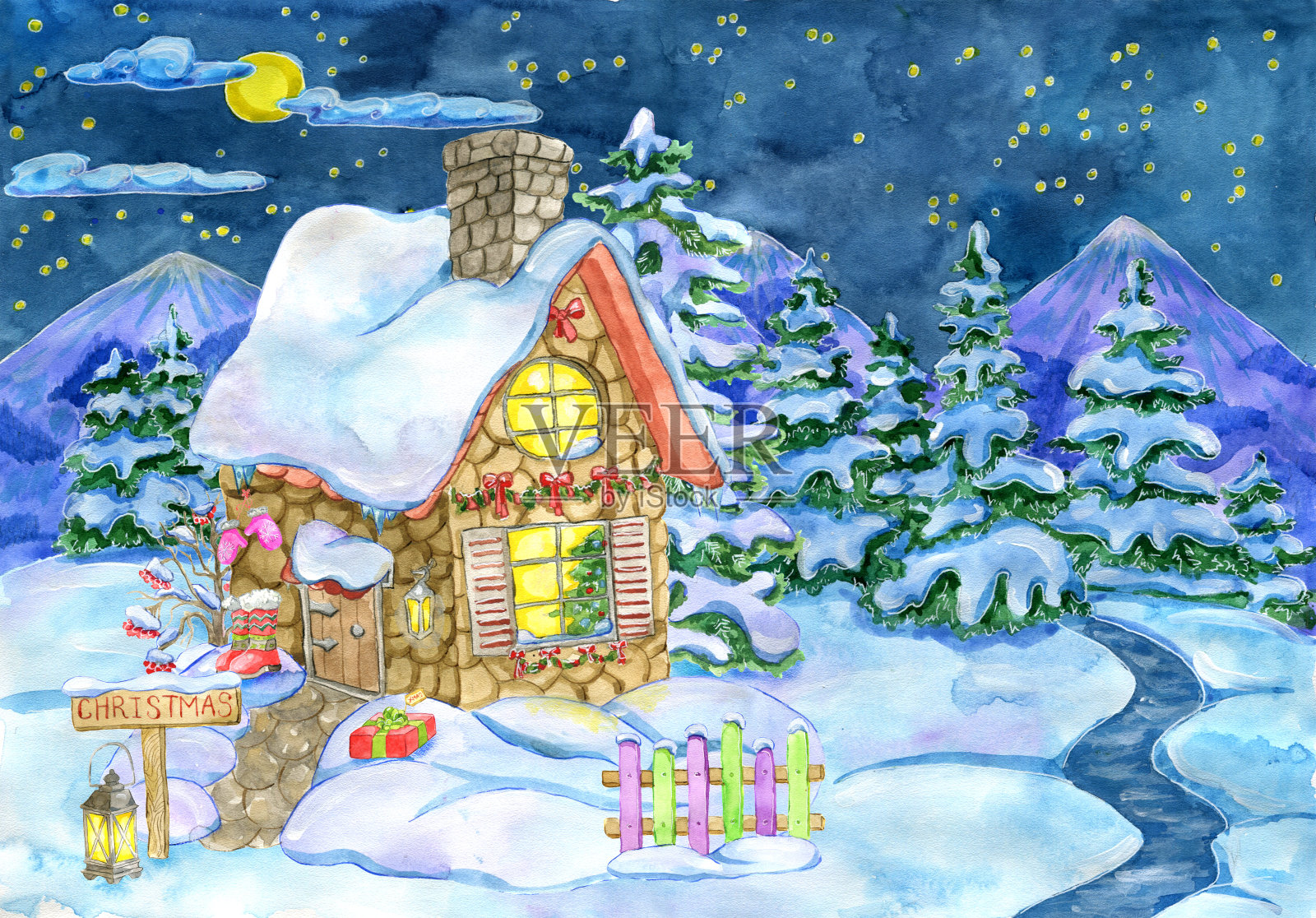 圣诞和新年贺卡与古老的乡村房子和杉木森林插画图片素材