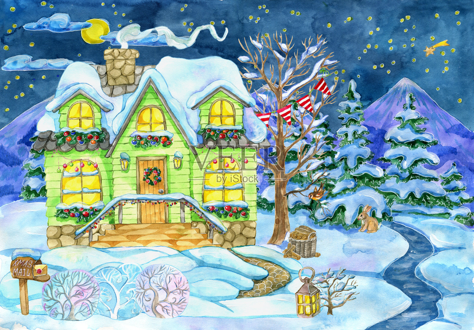 圣诞和新年贺卡与美丽的小屋对着冬天的风景插画图片素材