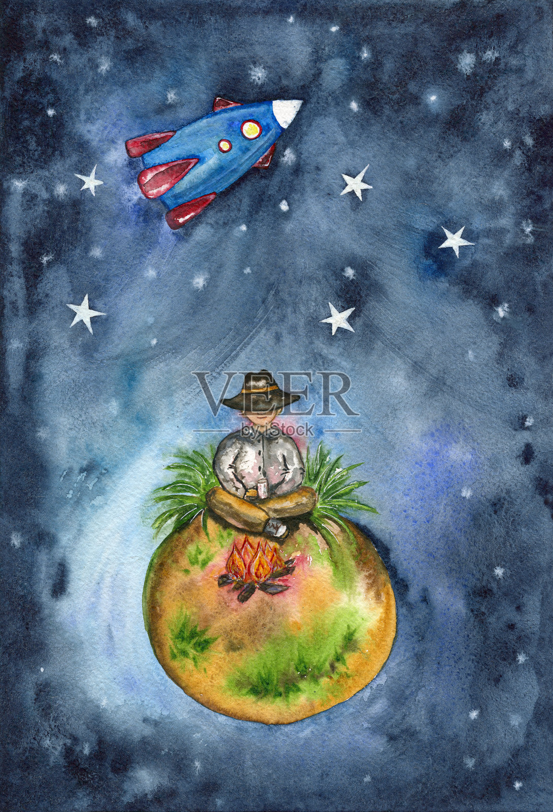 旅行者坐在一个小行星上的火旁，背景是恒星空间和飞行的火箭。插画图片素材