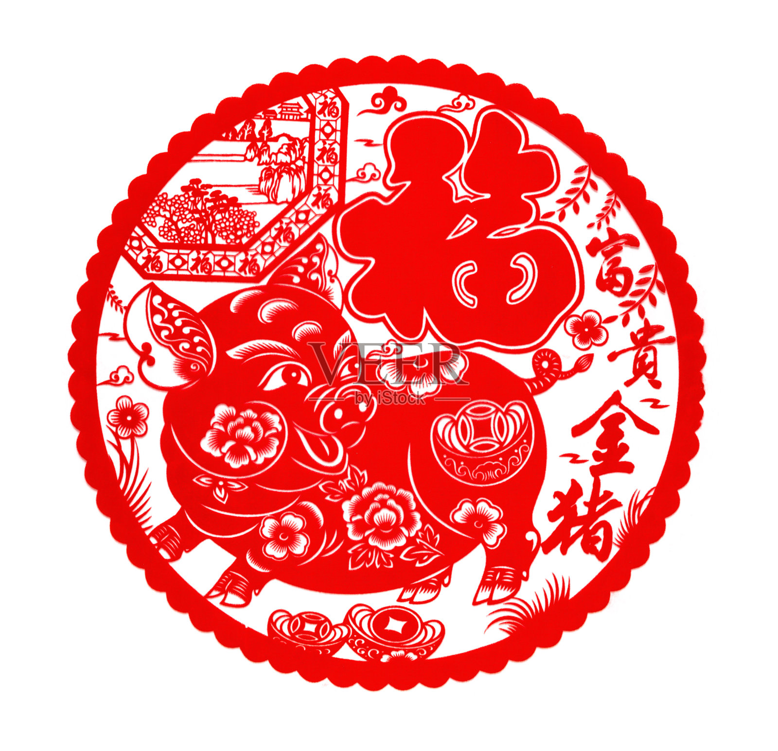 毛茸茸的红色扁平剪纸贴纸上白色的象征中国新年的猪，中国意味着好运和富有照片摄影图片