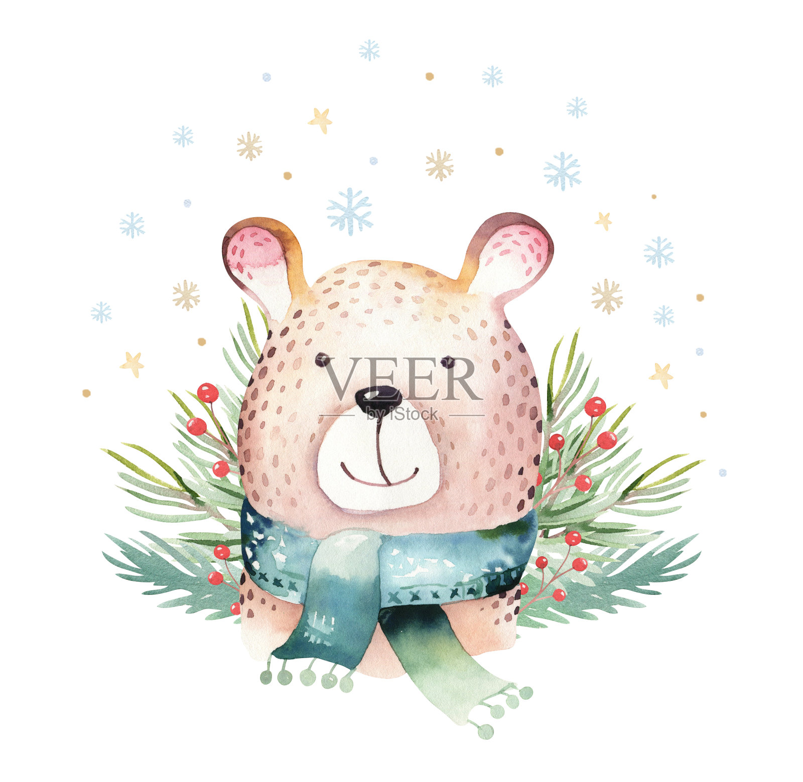 水彩可爱小熊宝宝卡通动物肖像设计。白色背景上的冬季节日卡片。新年装饰，圣诞快乐元素插画图片素材