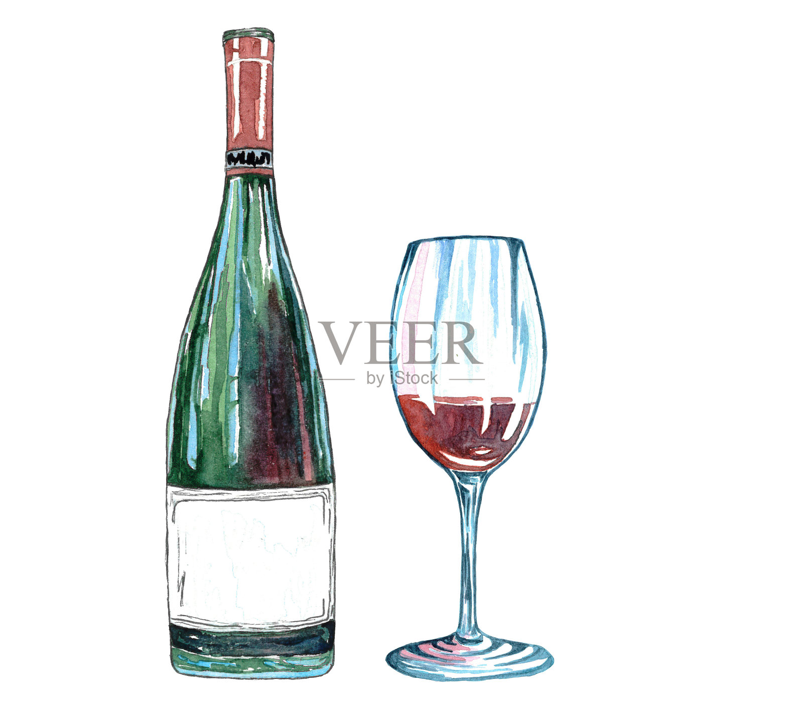 白色背景上的红葡萄酒瓶和酒杯。水彩手绘插图。设计元素图片