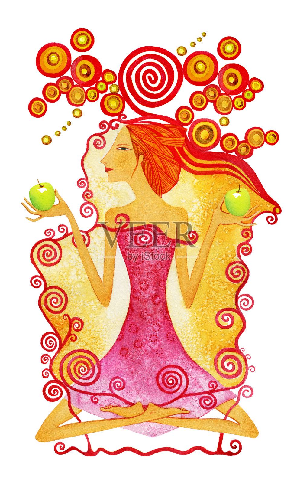 年轻的赤着脚的女人，红头发，粉红色的裙子，绿色的苹果作为天秤座的象征。插画图片素材