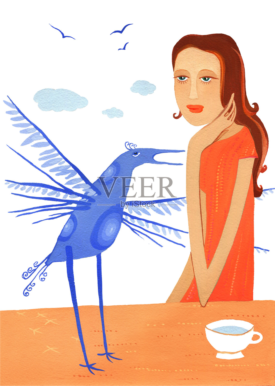 那个带着蓝鸟的女孩坐在桌子旁边插画图片素材