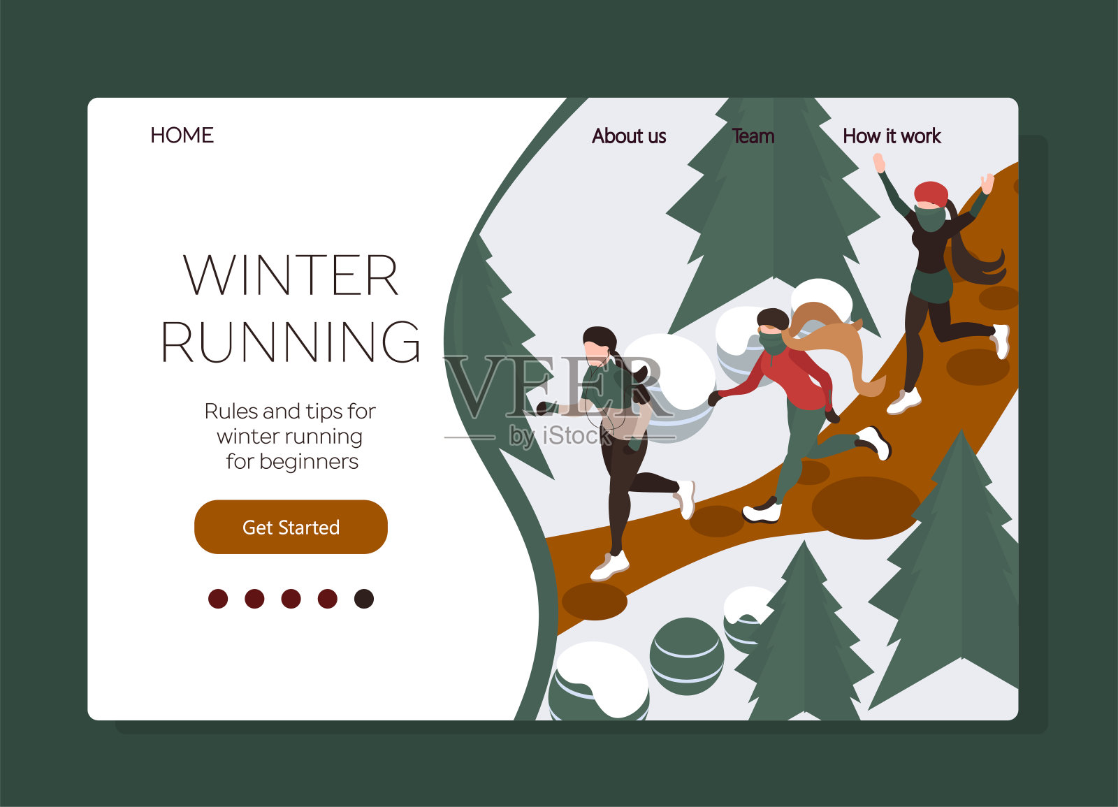 冬季跑步网页设计模板。年轻人在森林或公园里跑步。冬天天气寒冷。冬季运动服。女孩慢跑。等距平面3d插图插画图片素材