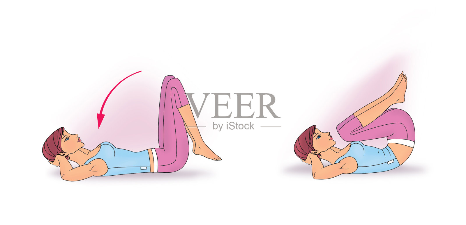 女孩仰面躺着，用膝盖做扭转运动插画图片素材