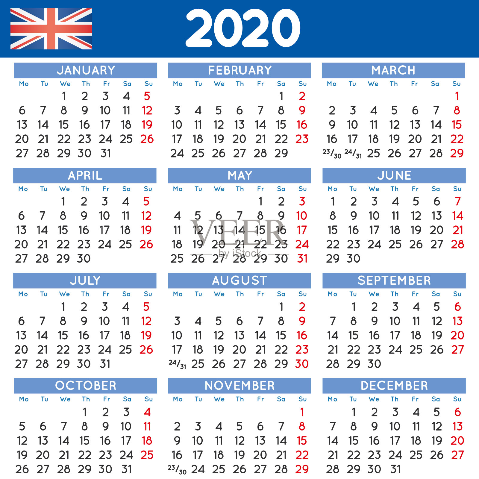 2020平方日历英语英国周周一开始插画图片素材
