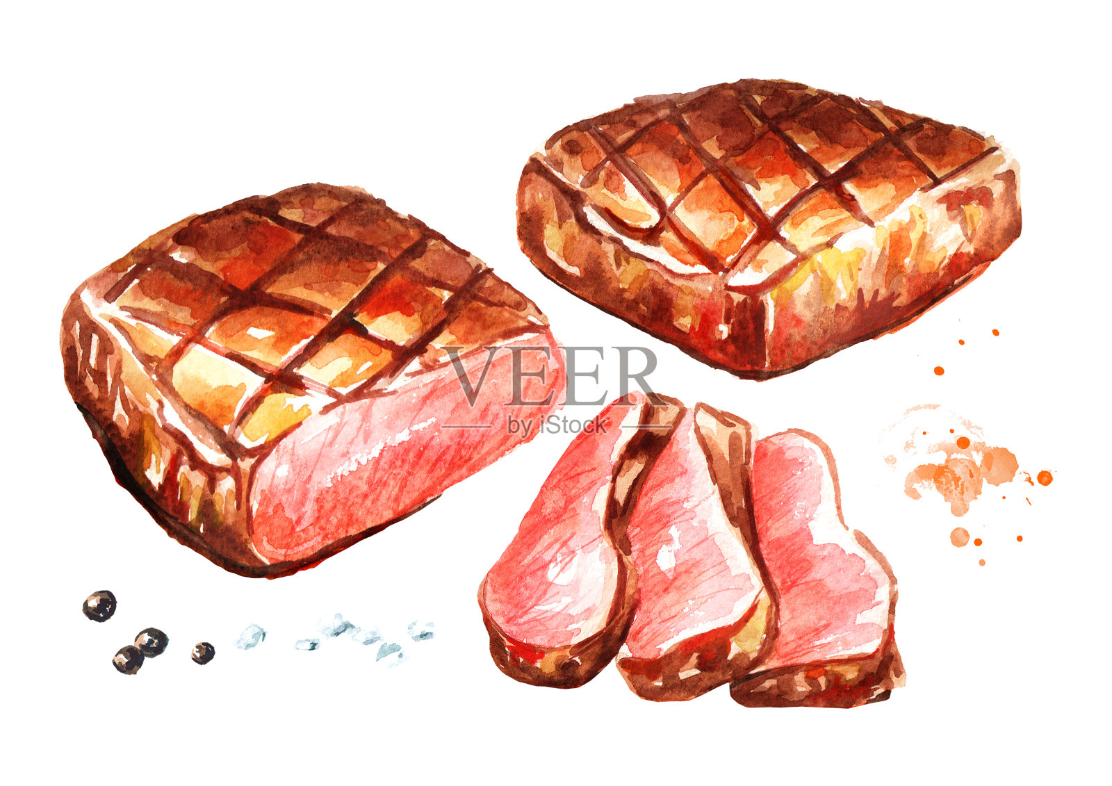 烤牛排配香料。水彩手绘插图，孤立的白色背景插画图片素材