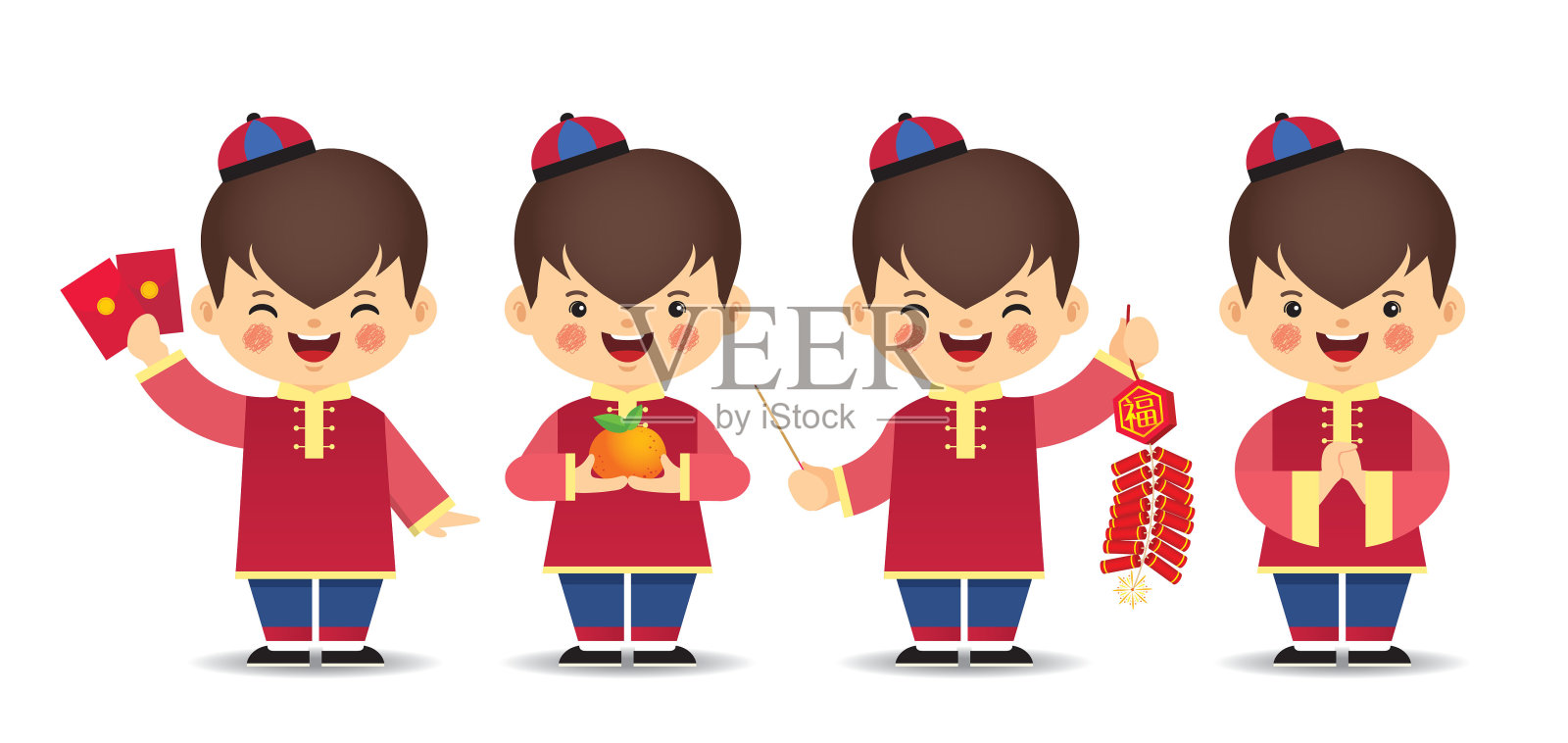 一套可爱的卡通中国男孩-红色插画图片素材