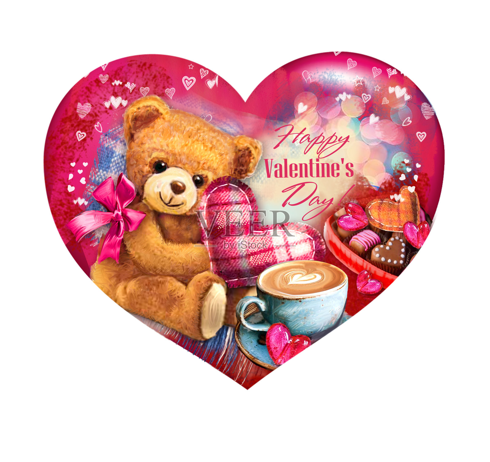 情人节快乐。爱的心。可爱的泰迪熊插画图片素材