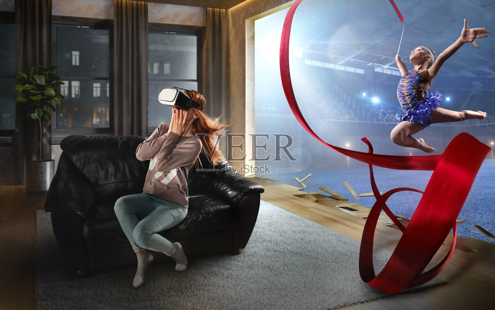 戴着VR眼镜的女人。虚拟现实与体操照片摄影图片