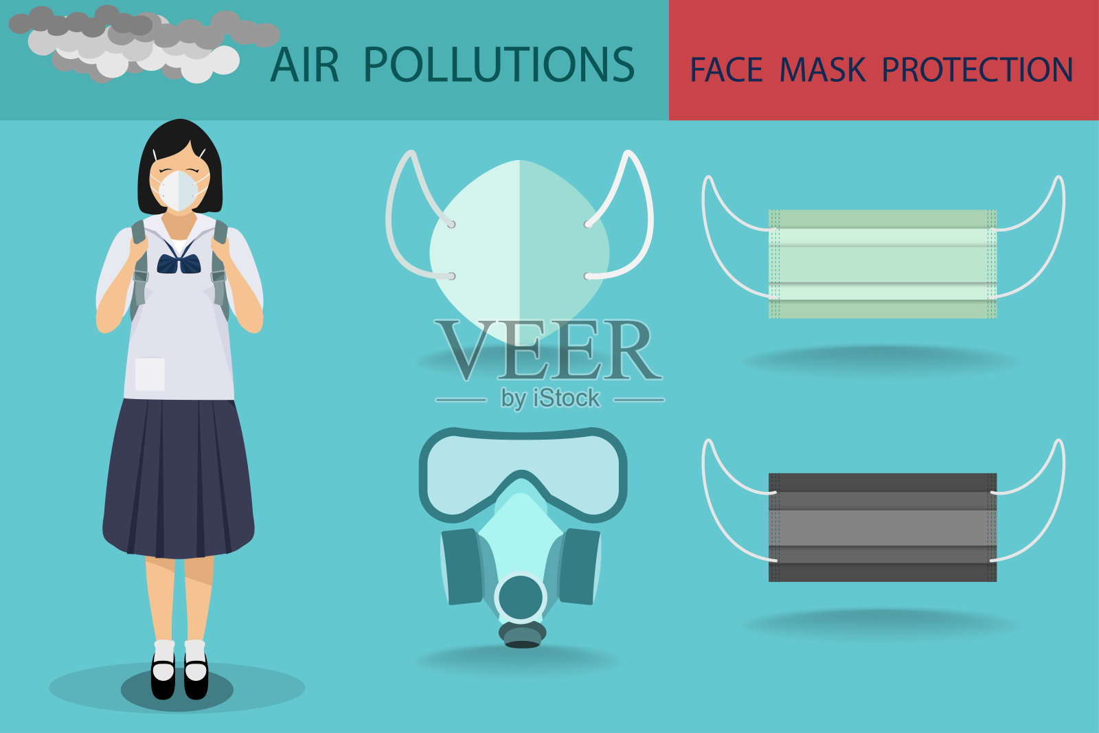 向量年轻女孩穿校服和戴口罩防护设计与口罩收集在空气污染的概念插画图片素材