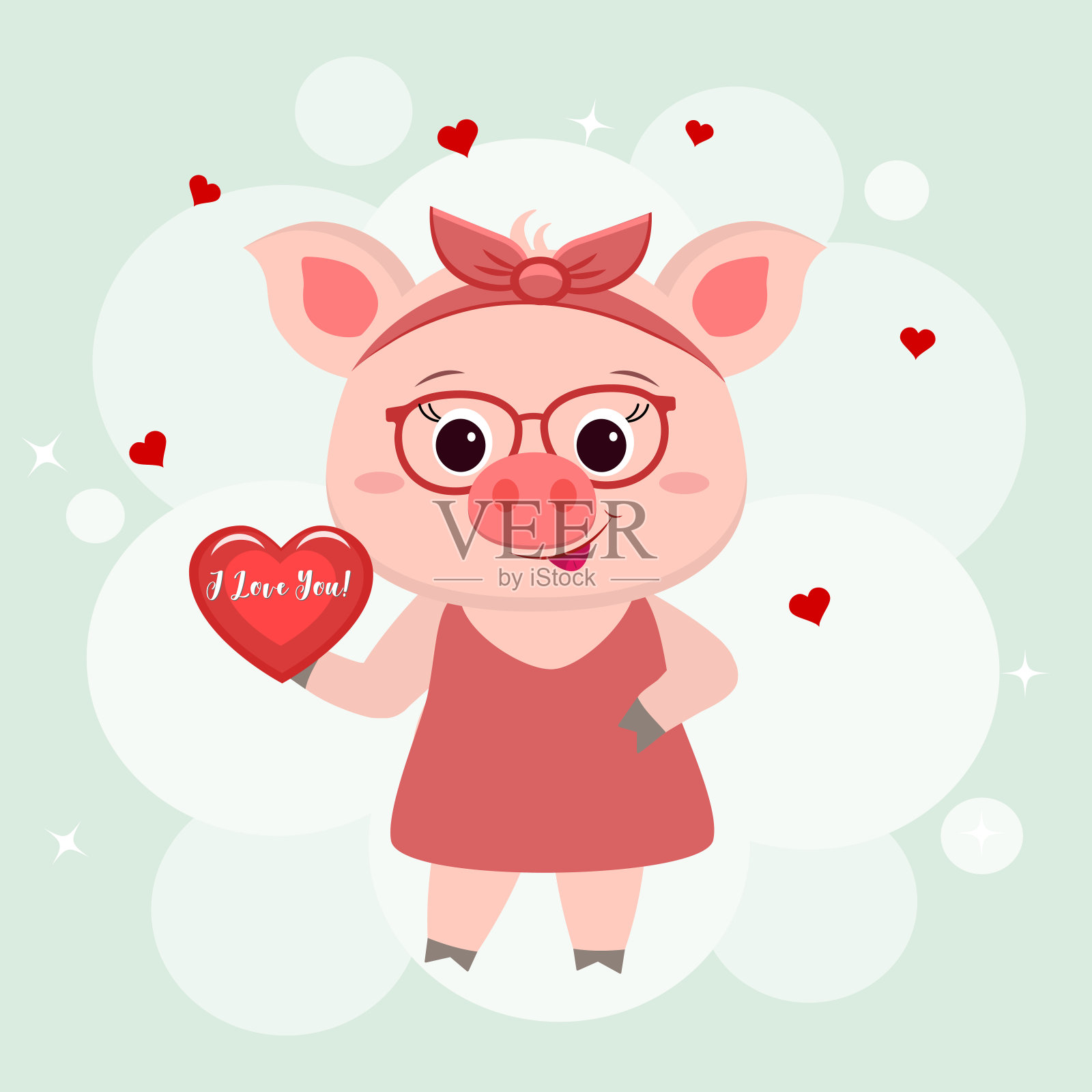 祝贺你，情人节快乐!一只戴着眼镜，穿着裙子的可爱小猪站在那里，爪子上捧着一颗写着“我爱你”的心。平面设计，卡通风格，矢量插画图片素材