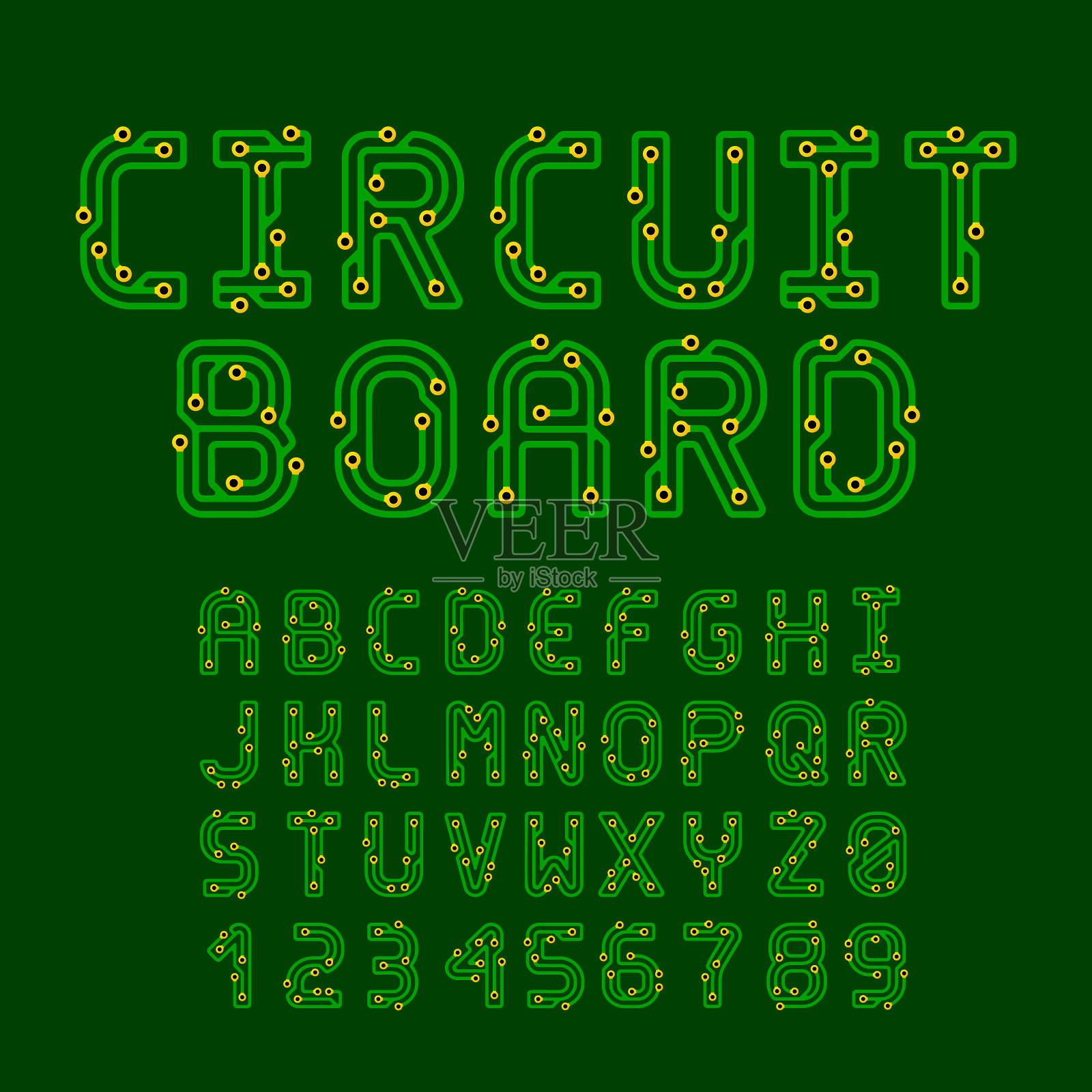 线路板风格矢量拉丁字体。由导电轨道制成的字母和数字插画图片素材