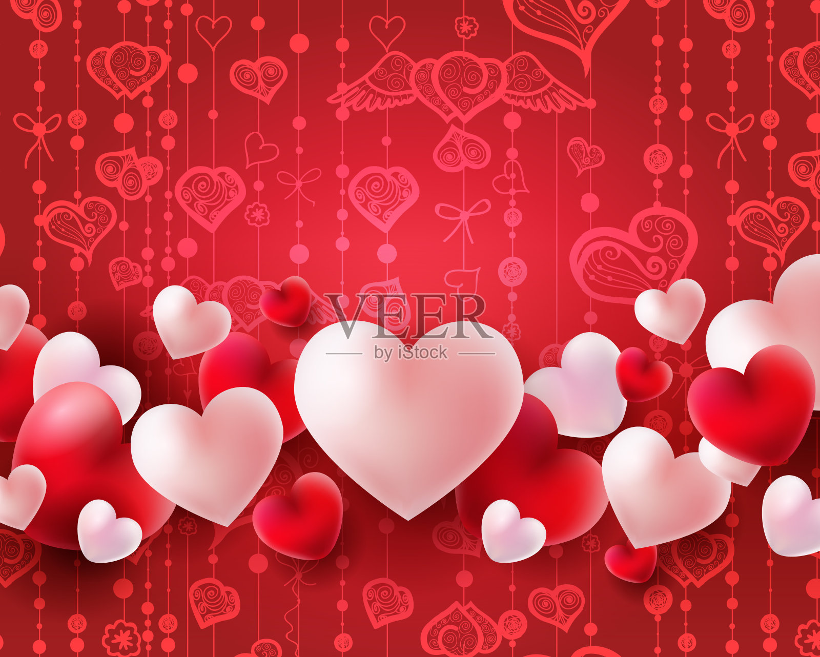 情人节背景与红色和白色气球三维心脏概念插画图片素材