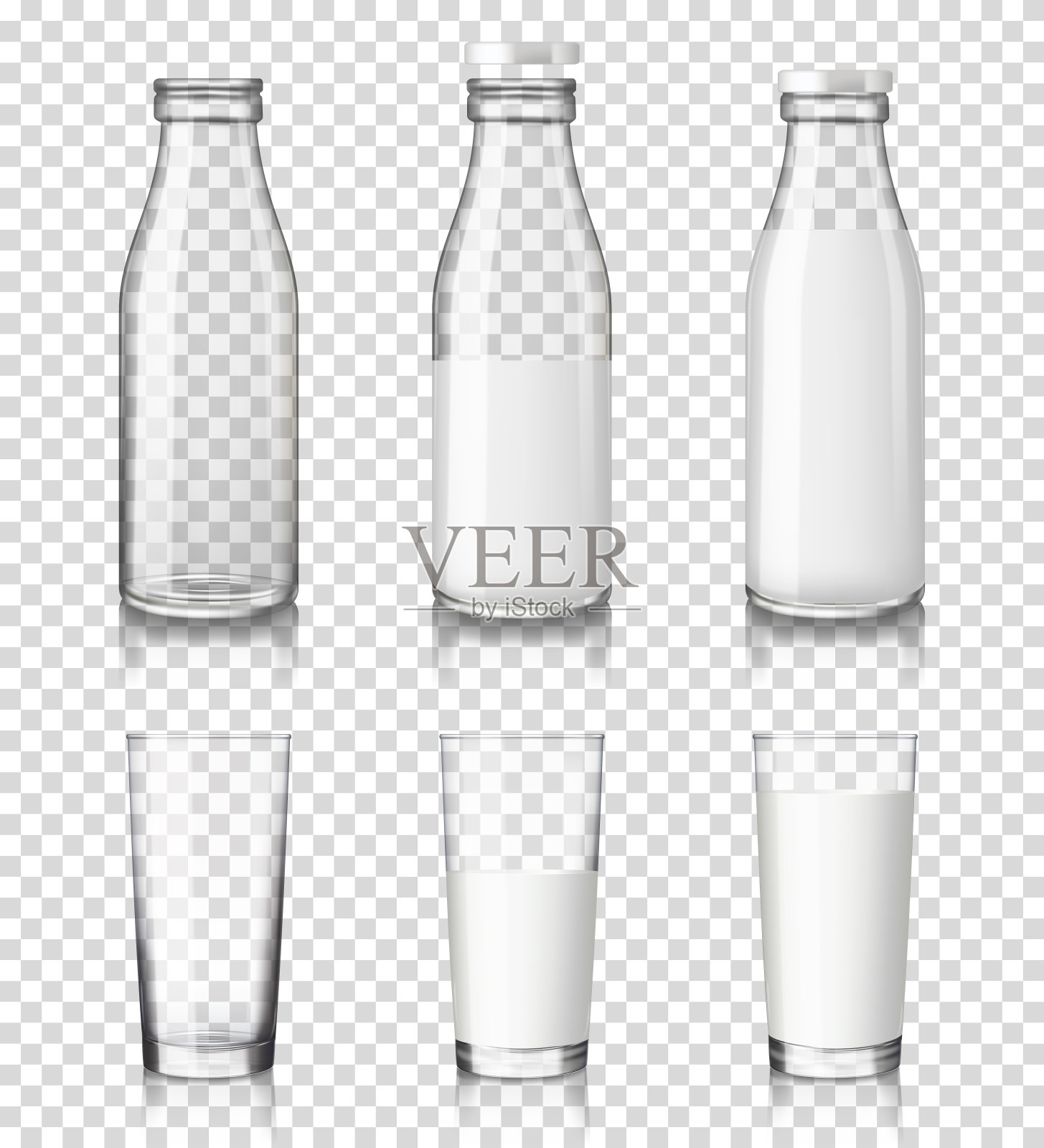现实透明的玻璃杯和瓶子与牛奶，孤立的透明背景。插画图片素材