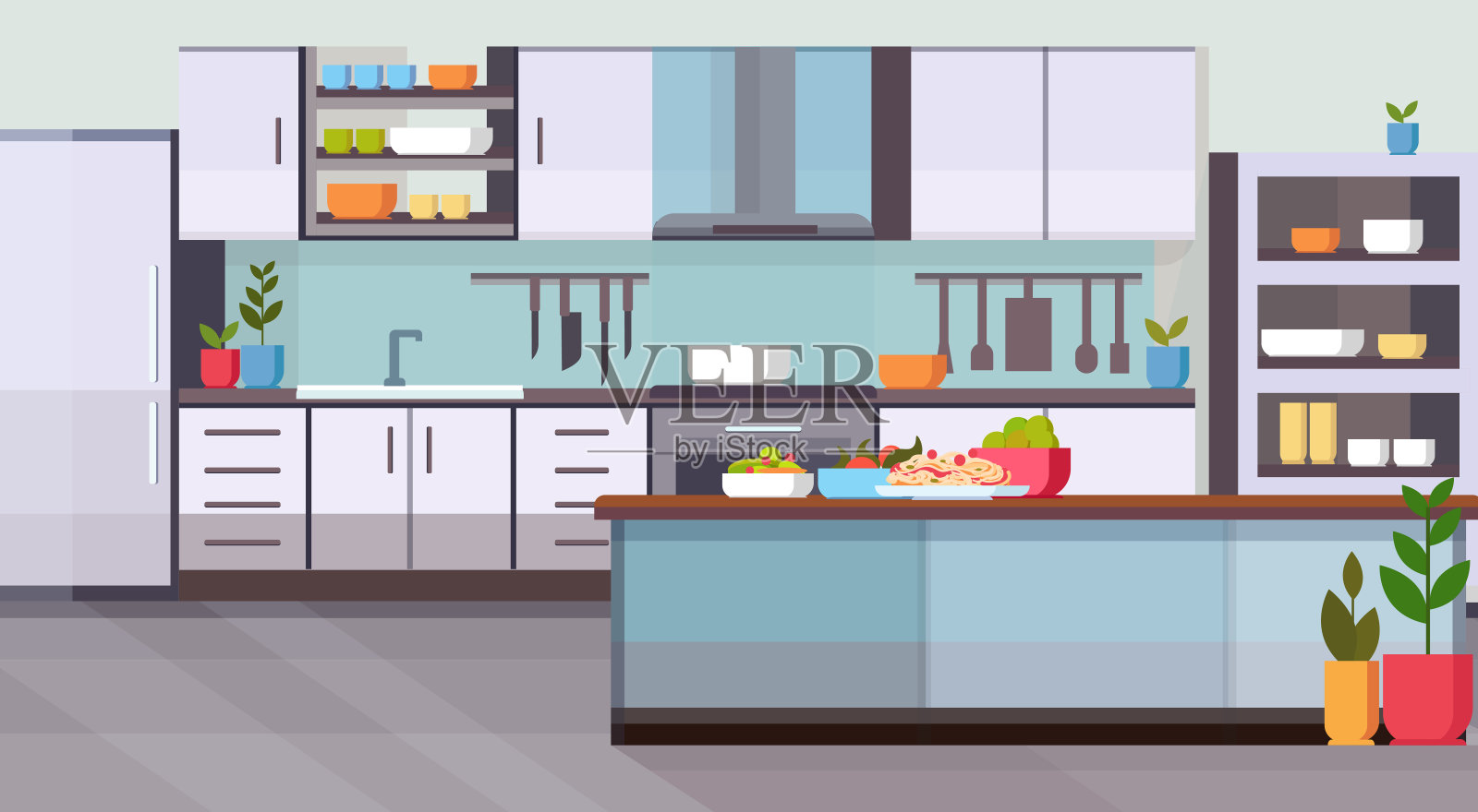 餐桌上的食物现代厨房室内设计空无人房间当代电器烹饪和烹饪概念平水平插画图片素材
