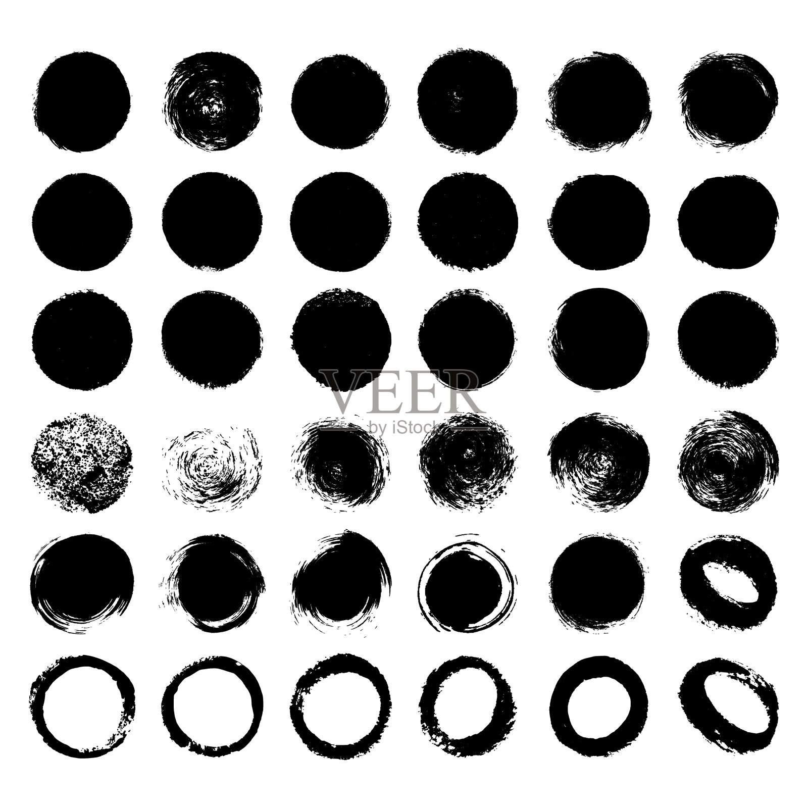 手绘抽象的黑色油漆刷圈标签和形状上的白色背景。向量绘制污渍集收集。插画图片素材