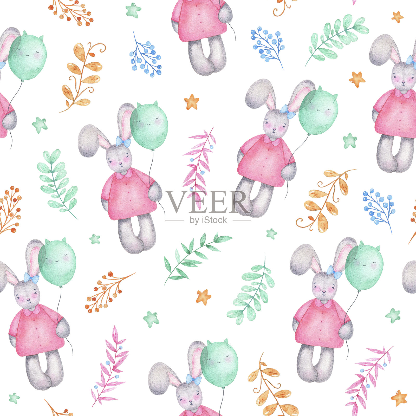 水彩无缝图案复活节快乐可爱的小女孩兔子与气球花插画图片素材