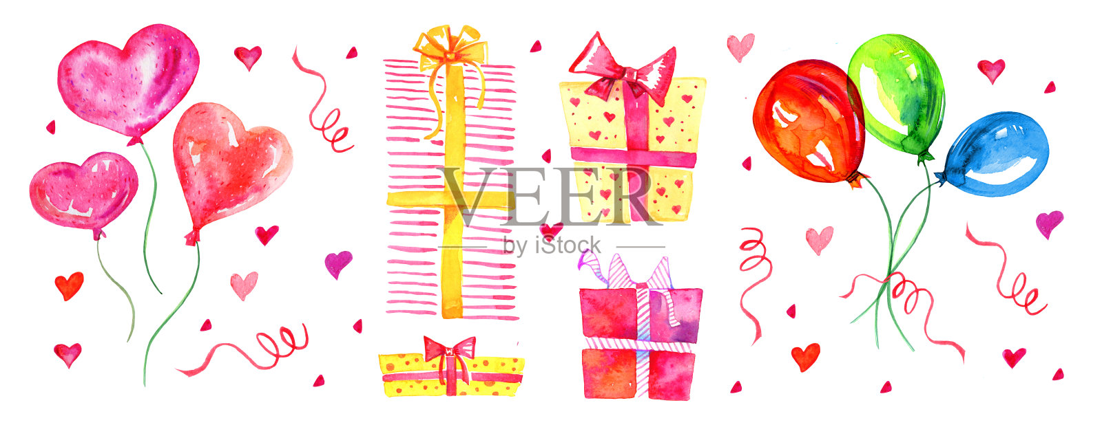 五颜六色的气球。生日字母和数字气球。标题生日快乐。手绘卡通水彩素描插图设计模板素材