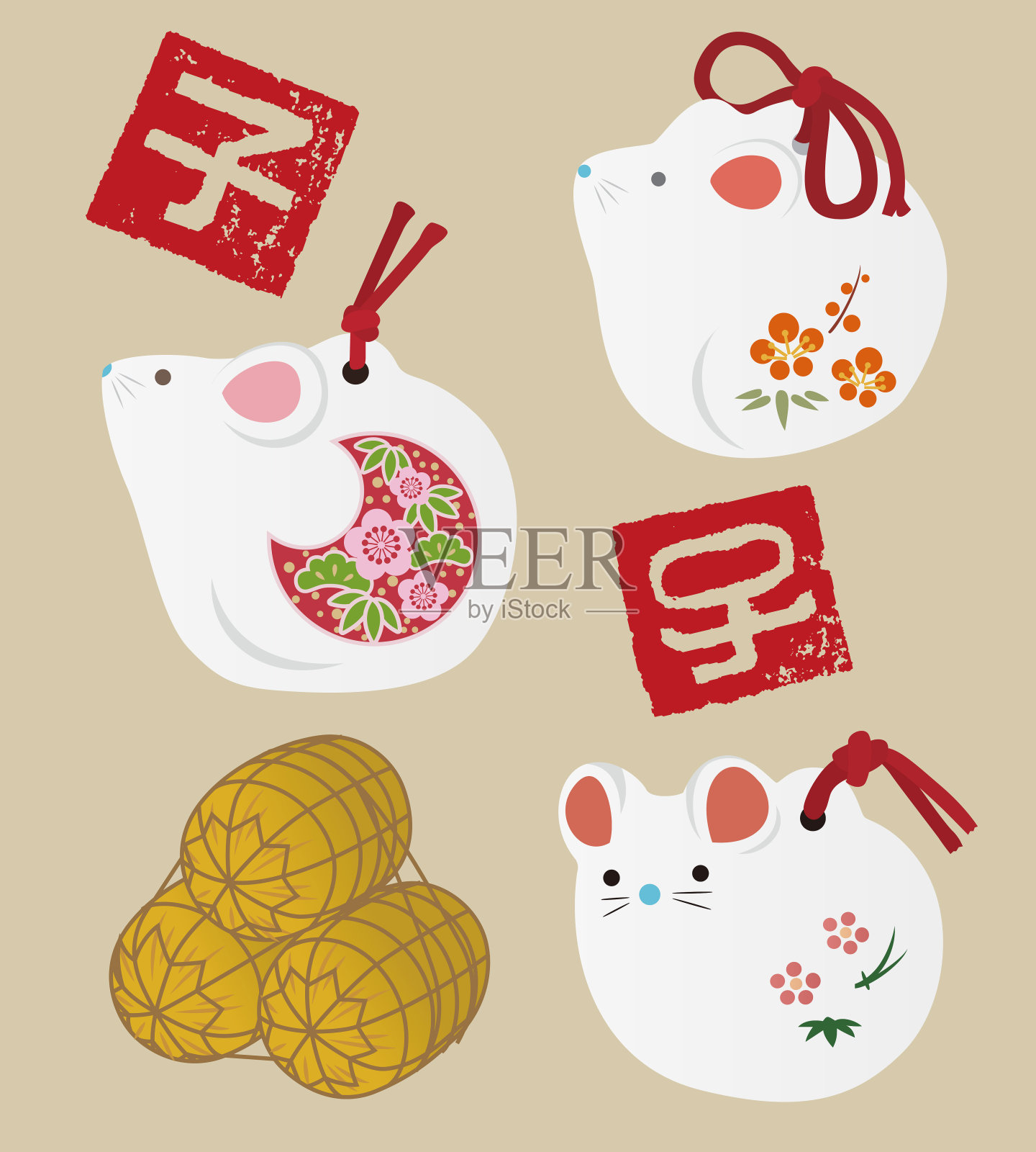 新年元素-老鼠娃娃和十二生肖邮票和袋装大米插画图片素材